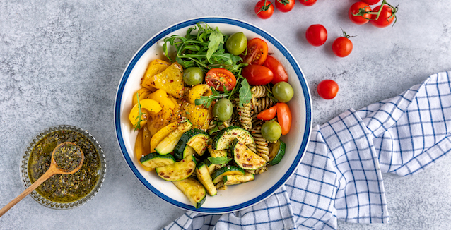 Bowl of roast vegetables, Mediterranean diet