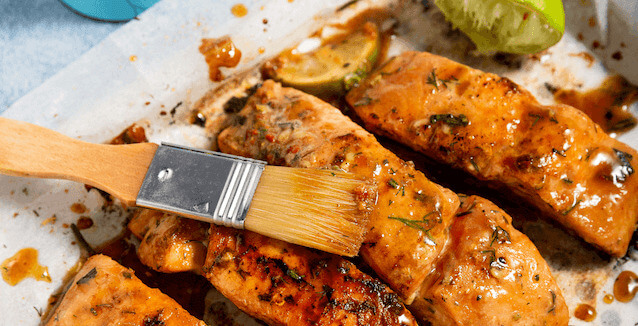 Air-fried salmon wih Salmon Seasoning from Just Spices, with brush for delicious marinade