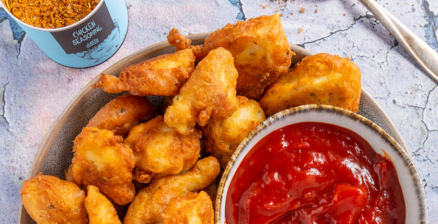 Plate of air-fried home-made chicken nuggets with ketchup and Chicken Seasoning from Just Spices