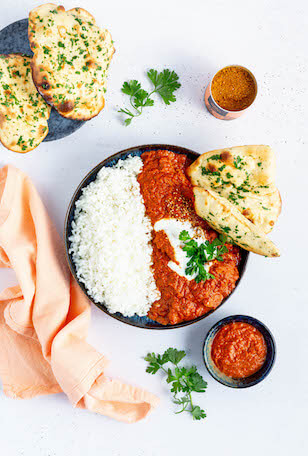 Chicken Tikka Masala with rice in a bowl