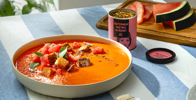 Watermelon gazpacho seasoned with Mediterranean Vegetable Allrounder seasoning from Just Spices