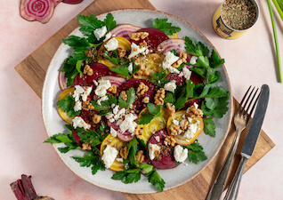 Beetroot salad with feta cheese and walnuts
