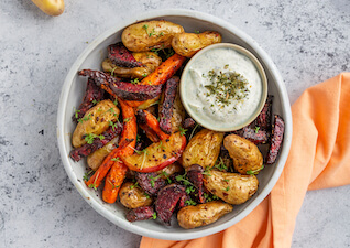 Oven roasted vegetables with herb dip